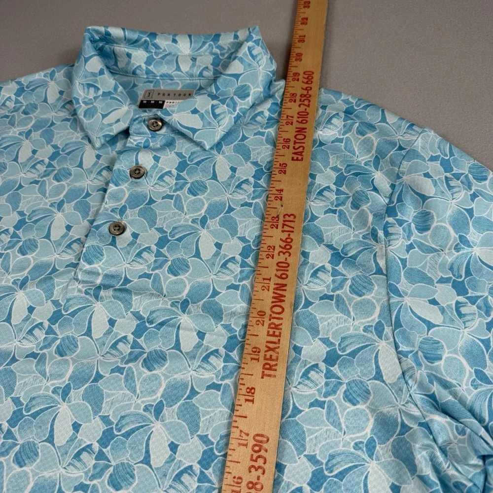 Mens PGA Tour Pro Series Stretch Aqua Flower Print Polo Golf Shirt Size Medium